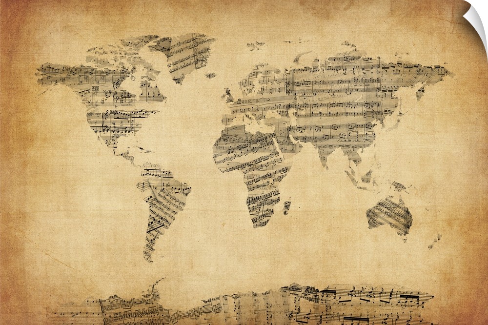 Contemporary artwork of a world map made from musical notation against a distressed background.