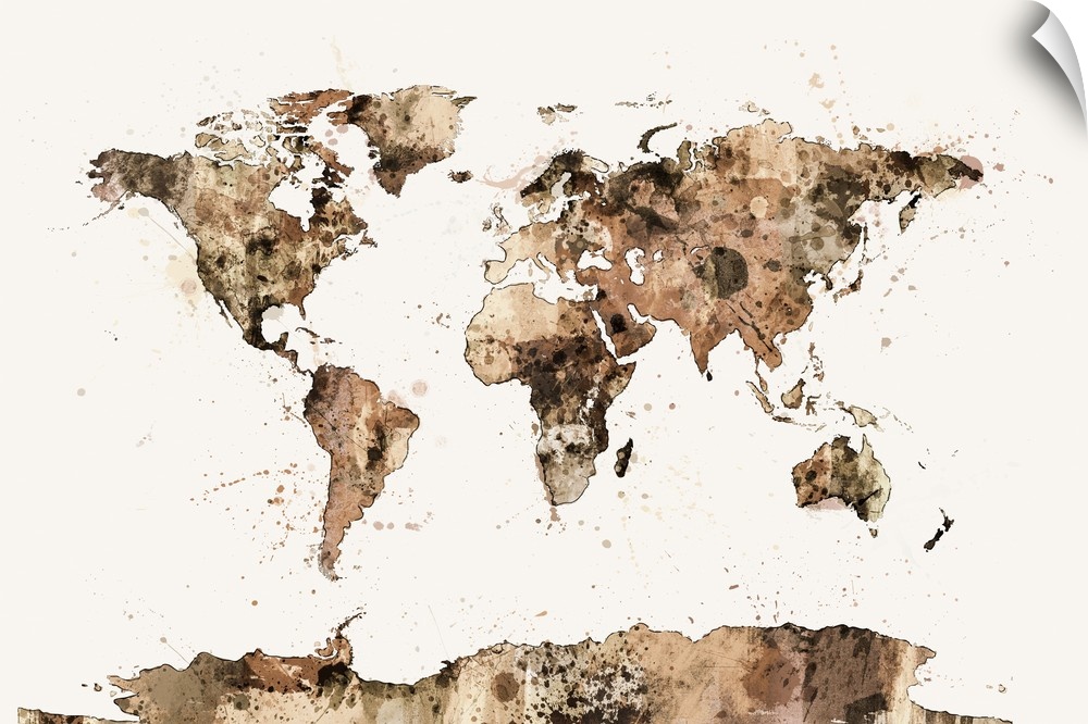 Contemporary piece of artwork of a world map made of sepia paint splashes.