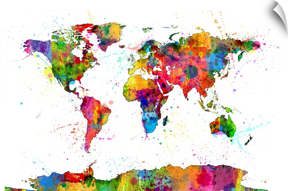 Contemporary piece of artwork of a world map made of colorful paint splashes.