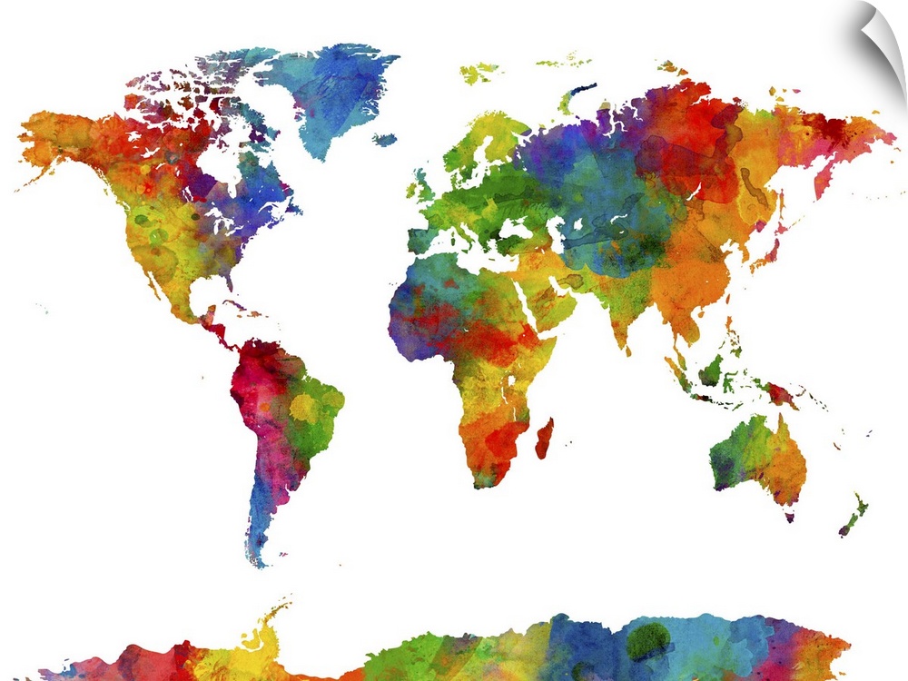 A watercolor art map of the world against a white background.