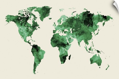 Map of the World, Watercolor, Green on Beige