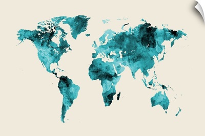 Map of the World, Watercolor, Teal on Beige