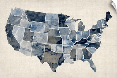 Map of United States of America, watercolor in blue