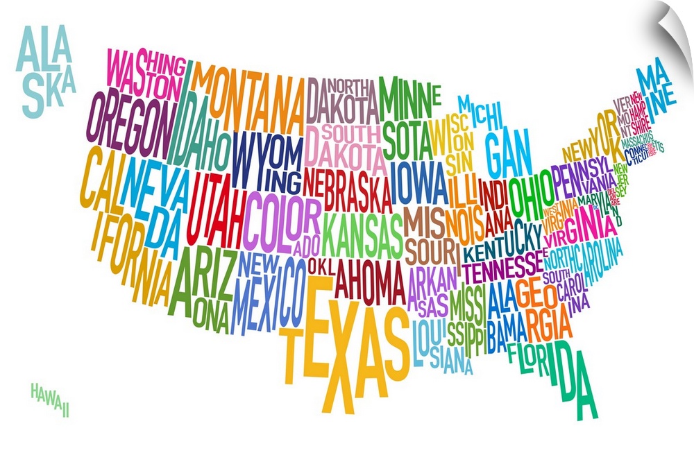 Artwork of the United States that has the name of each state written out as it's shape.