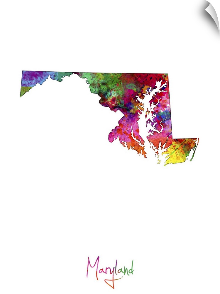 Contemporary artwork of a map of Maryland made of colorful paint splashes.