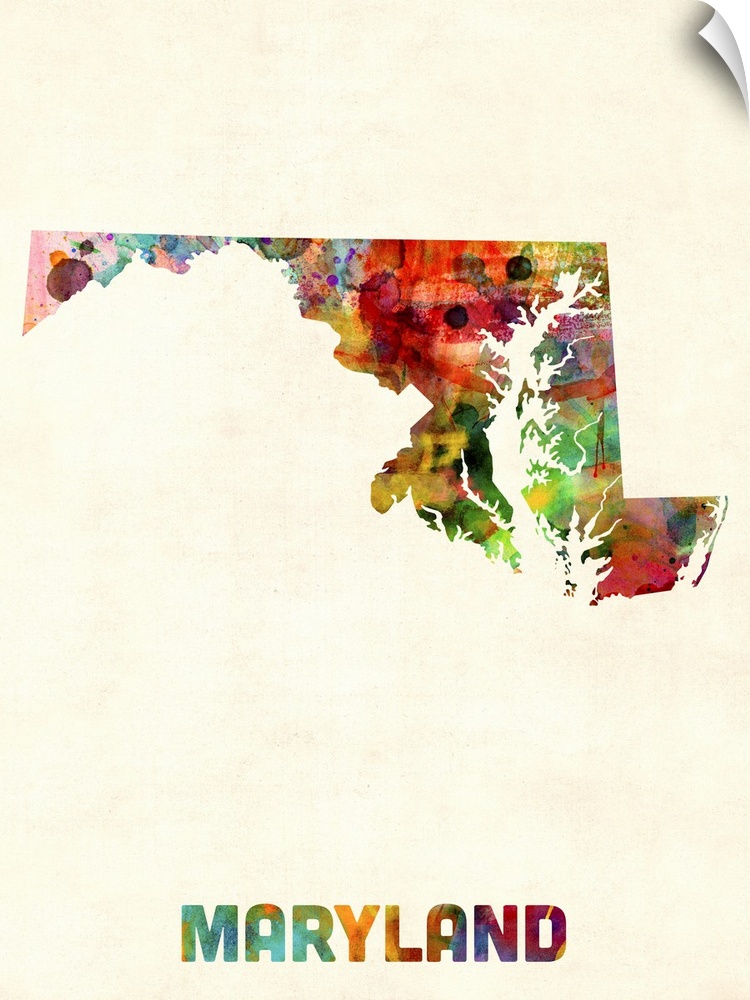 Contemporary piece of artwork of a map of Maryland made up of watercolor splashes.