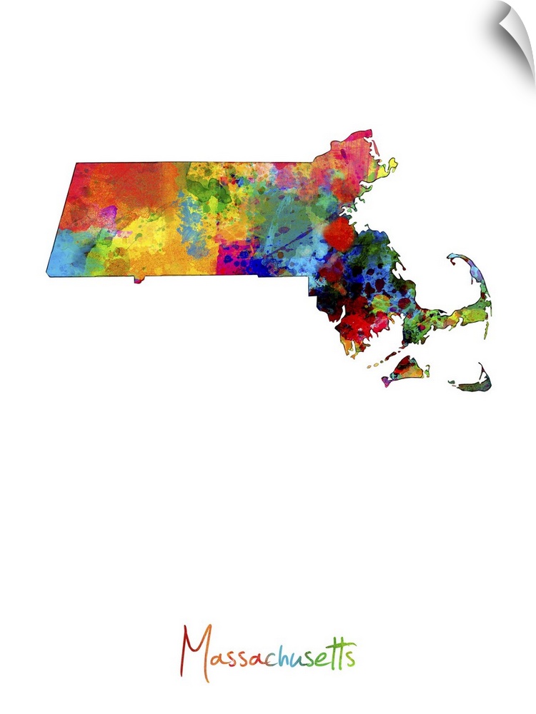 Contemporary artwork of a map of Massachusetts made of colorful paint splashes.