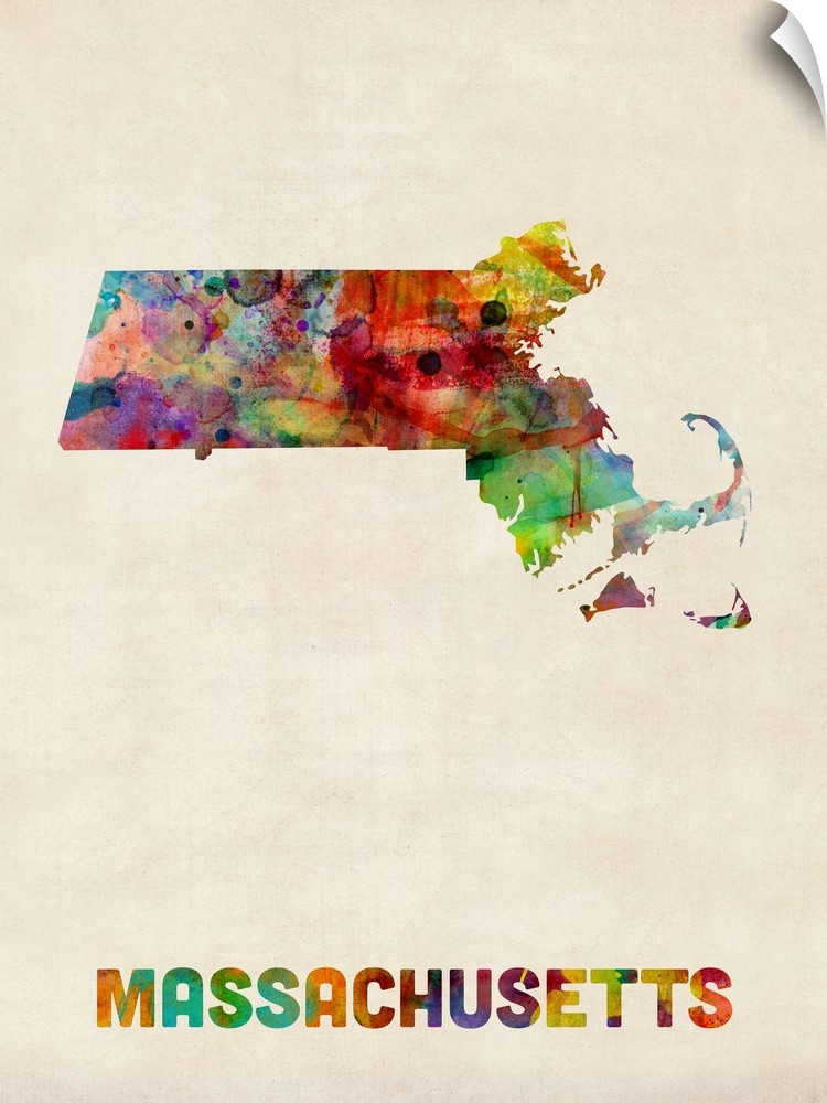 Contemporary piece of artwork of a map of Massachusetts made up of watercolor splashes.