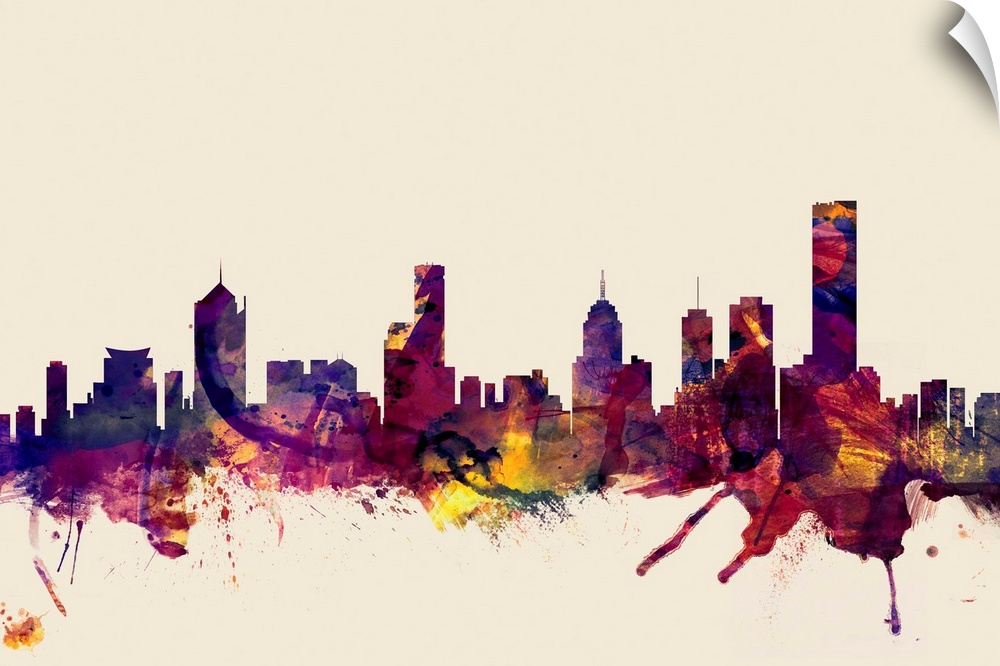 Contemporary artwork of the Melbourne city skyline in watercolor paint splashes.