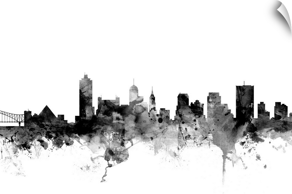 Smokey dark watercolor silhouette of the Memphis city skyline.