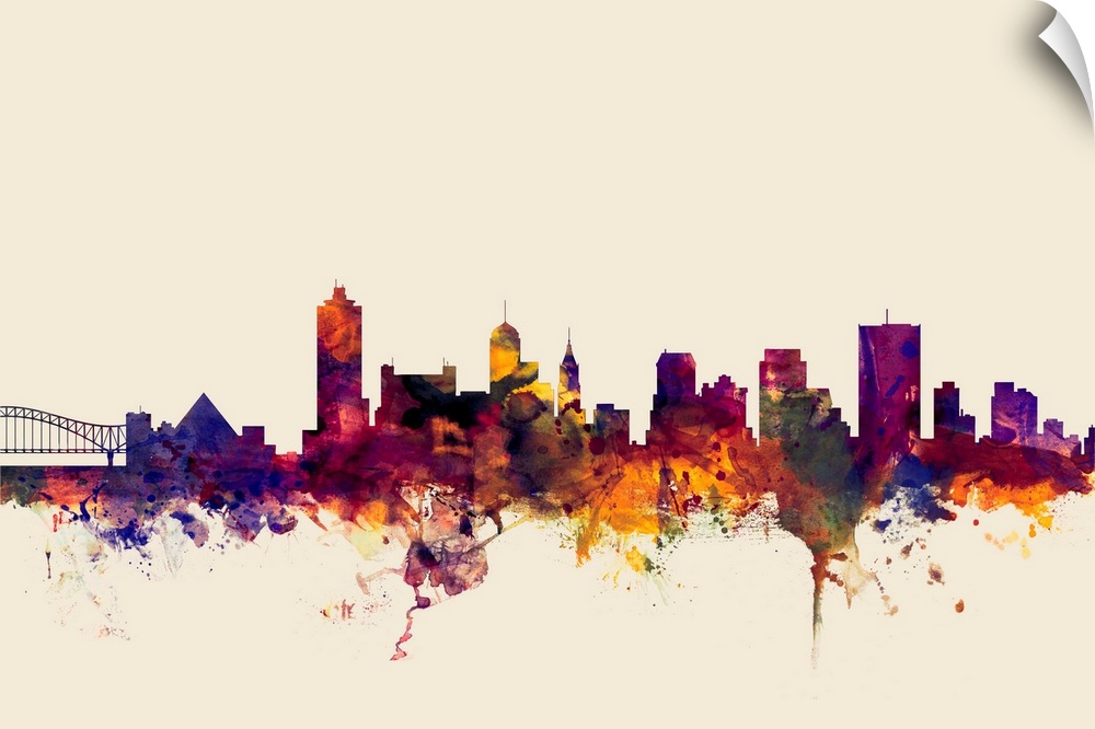 Dark watercolor splattered silhouette of the Memphis city skyline.