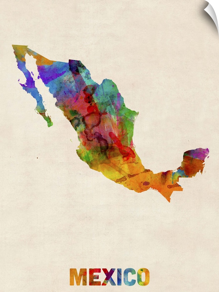 Contemporary piece of artwork of a map of Mexico made up of watercolor splashes.