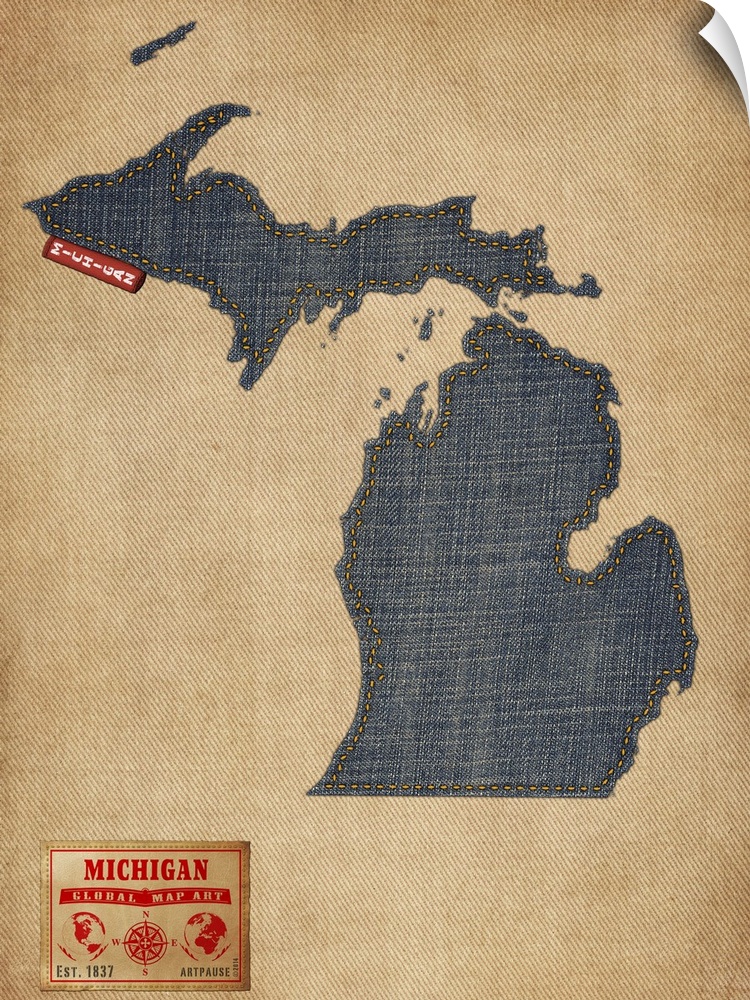 Contemporary artwork of the state of Michigan made of denim, against a rustic background.