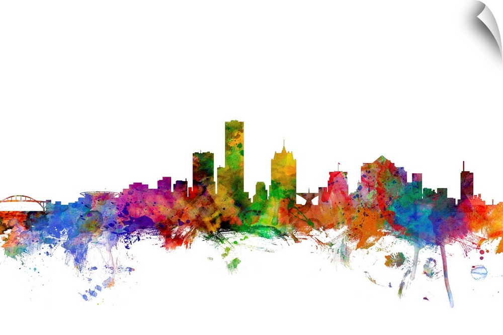 Watercolor artwork of the Milwaukee skyline against a white background.