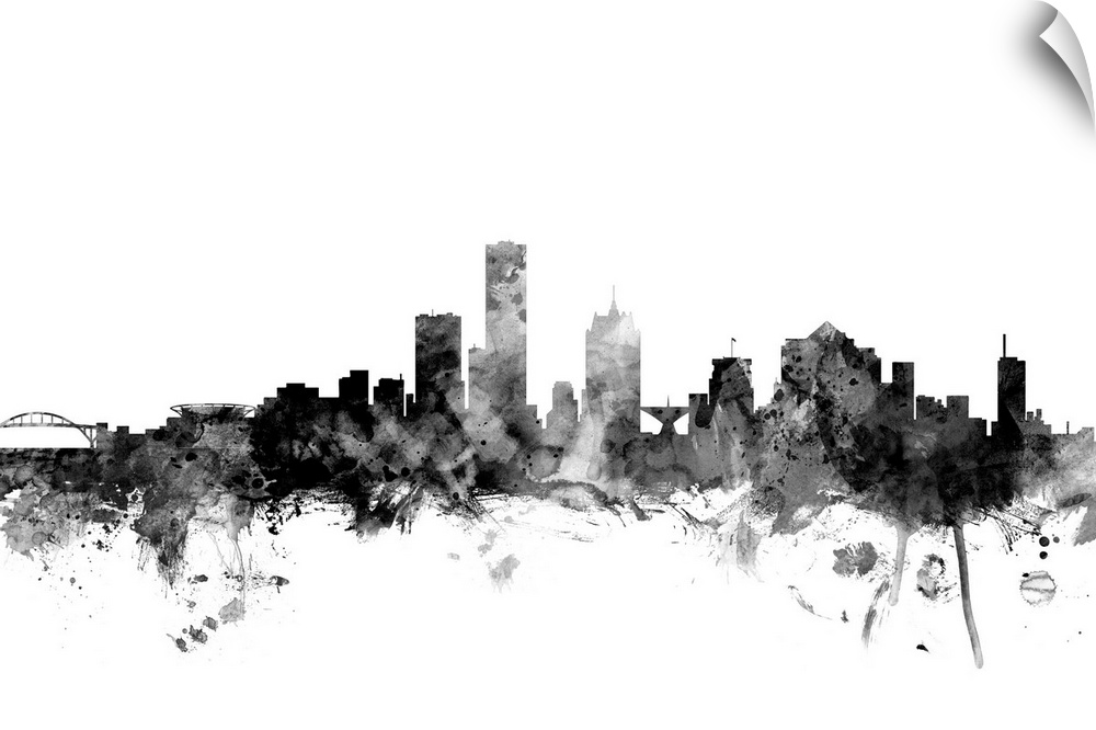 Contemporary artwork of the Milwaukee city skyline in black watercolor paint splashes.