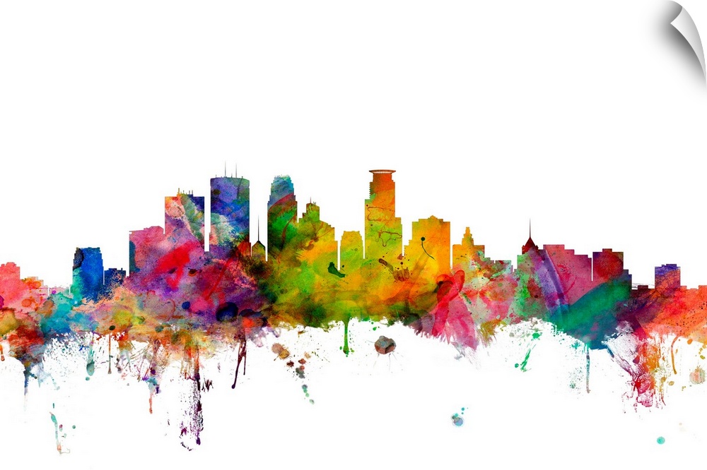 Watercolor artwork of the Minneapolis skyline against a white background.