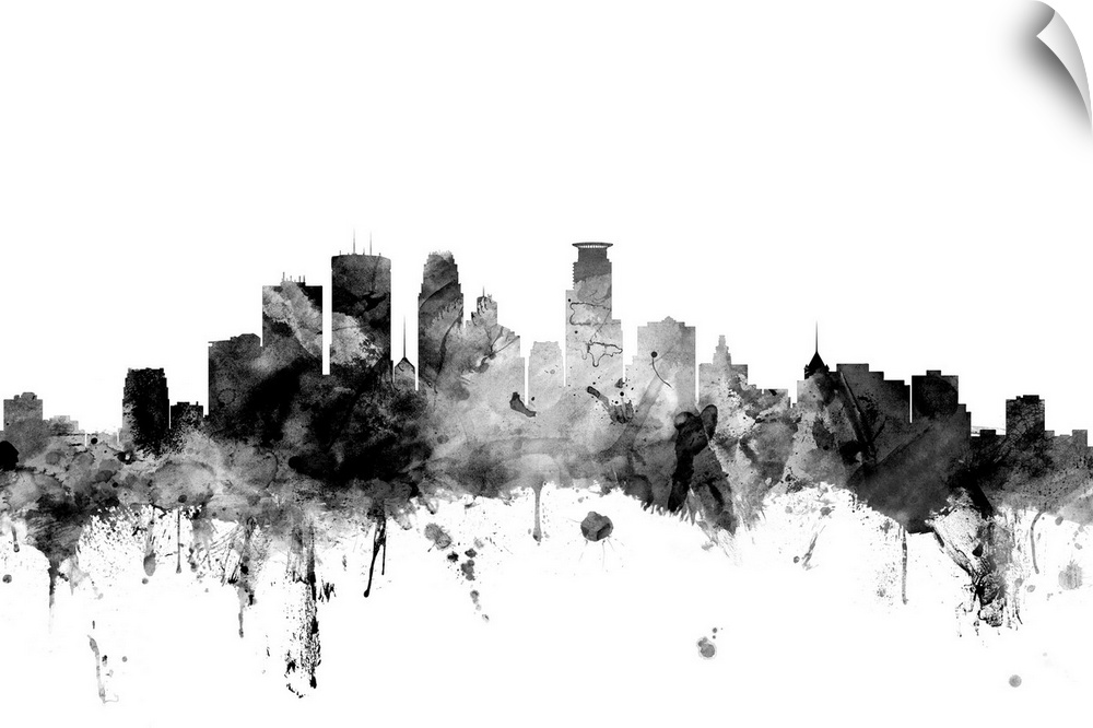 Contemporary artwork of the Minneapolis city skyline in black watercolor paint splashes.