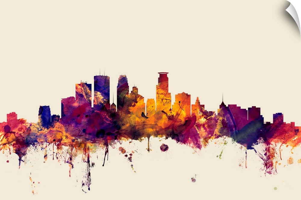 Dark watercolor splattered silhouette of the Minneapolis city skyline.