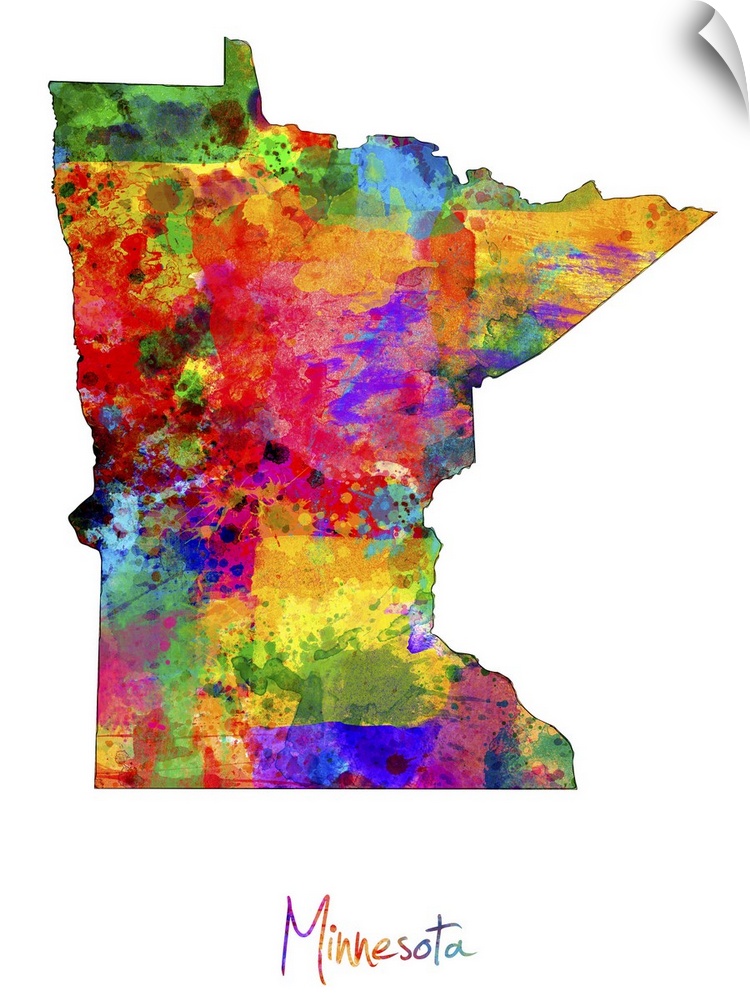 Contemporary artwork of a map of Minnesota made of colorful paint splashes.