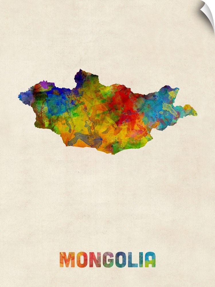 A watercolor map of Mongolia