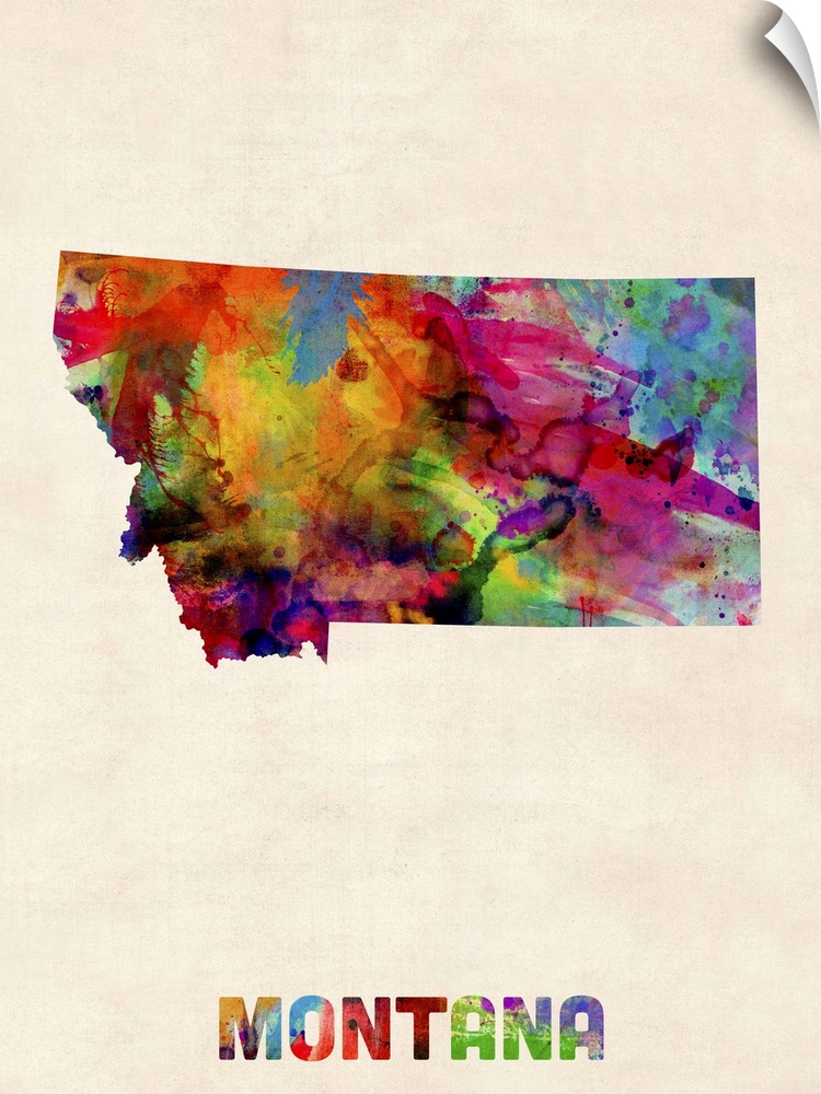 Contemporary piece of artwork of a map of Montana made up of watercolor splashes.