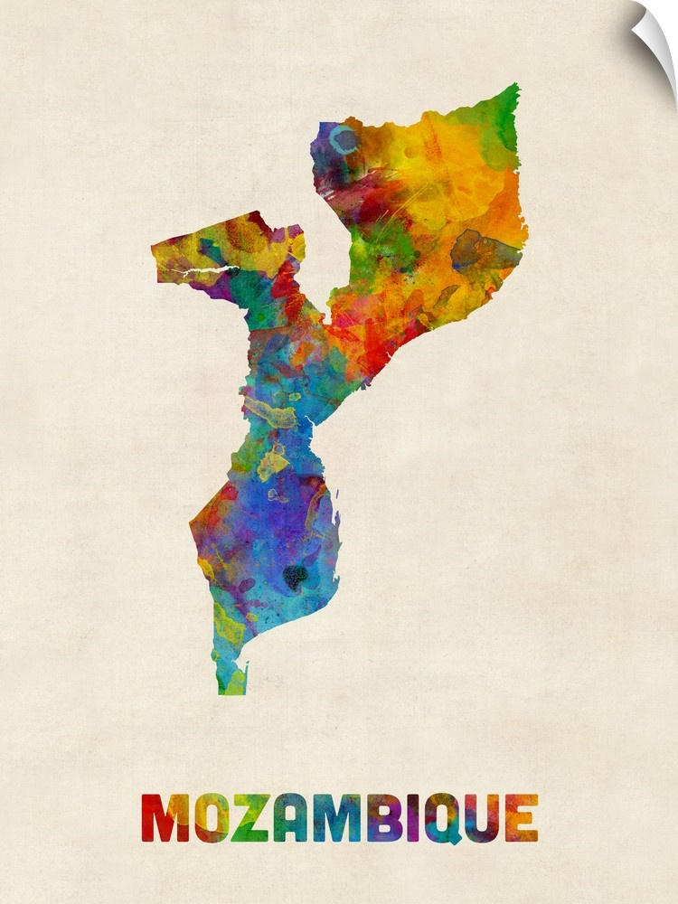 A watercolor map of Mozambique.