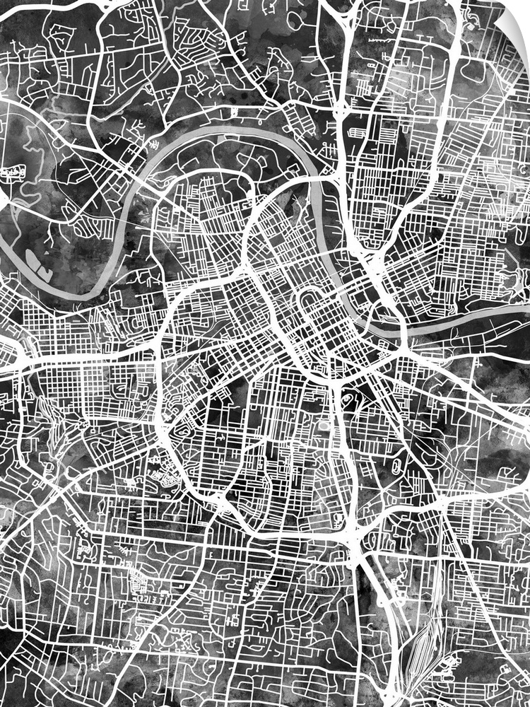 Watercolor street map of Nashville, Tennessee, United States