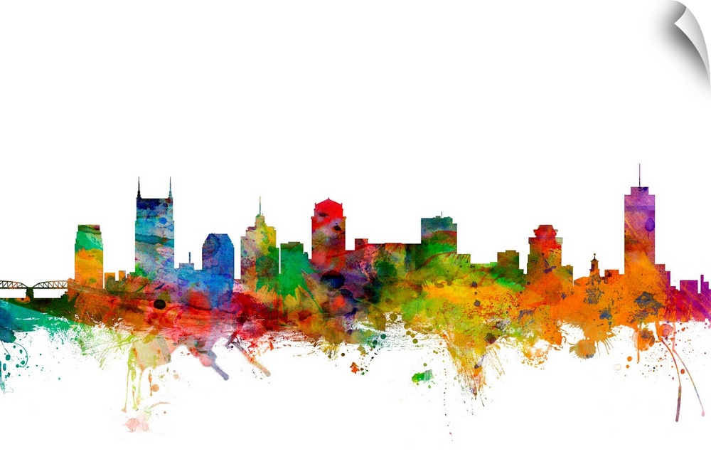 Watercolor artwork of the Nashville skyline against a white background.