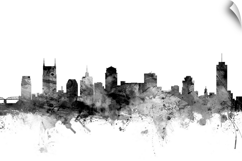 Contemporary artwork of the Nashville city skyline in black watercolor paint splashes.