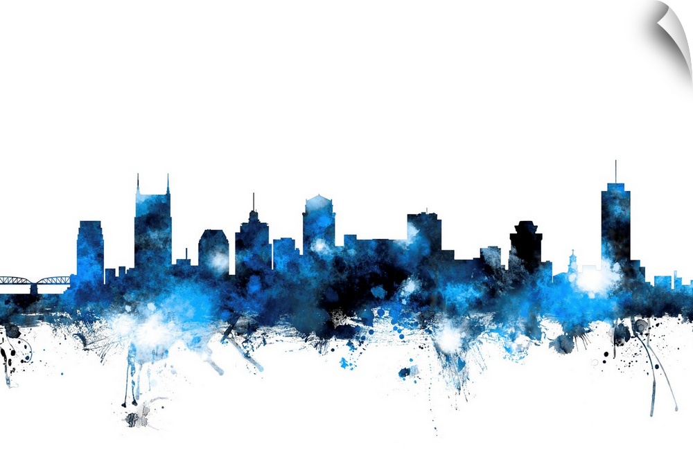 Blue watercolor silhouette of the Nashville city skyline.