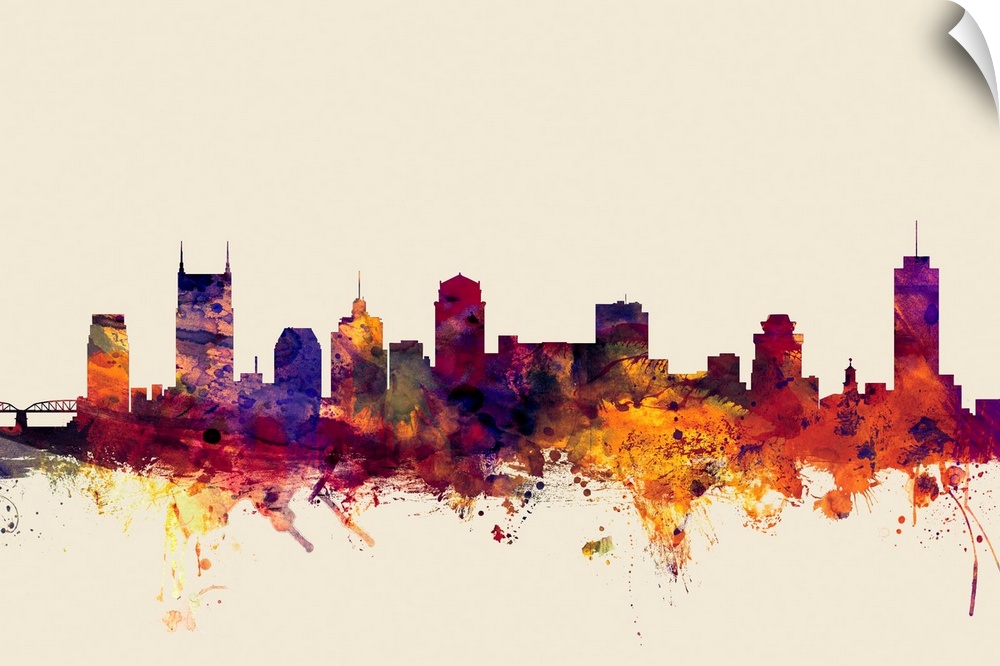 Dark watercolor splattered silhouette of the Nashville city skyline.