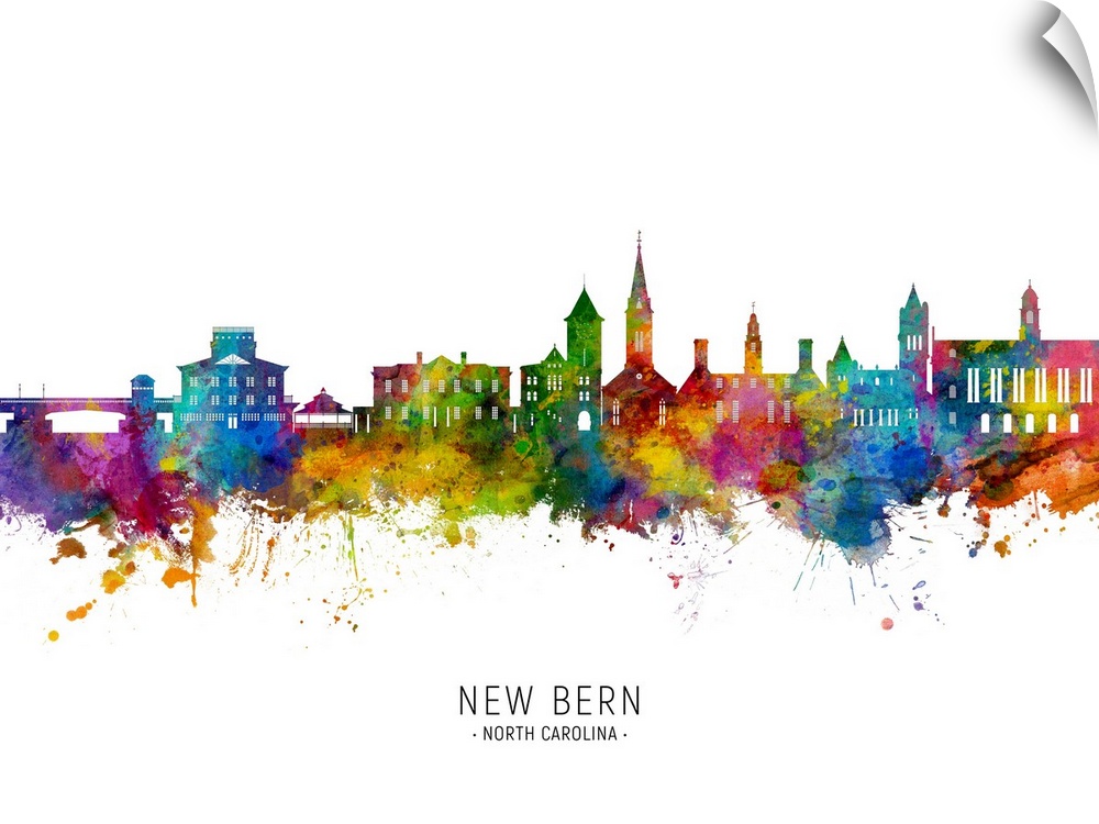 Watercolor art print of the skyline of New Bern, North Carolina, United States