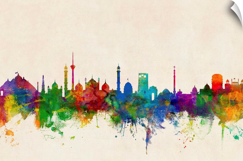 A splattered and splashed watercolor silhouette of the New Delhi city skyline against a distressed background.