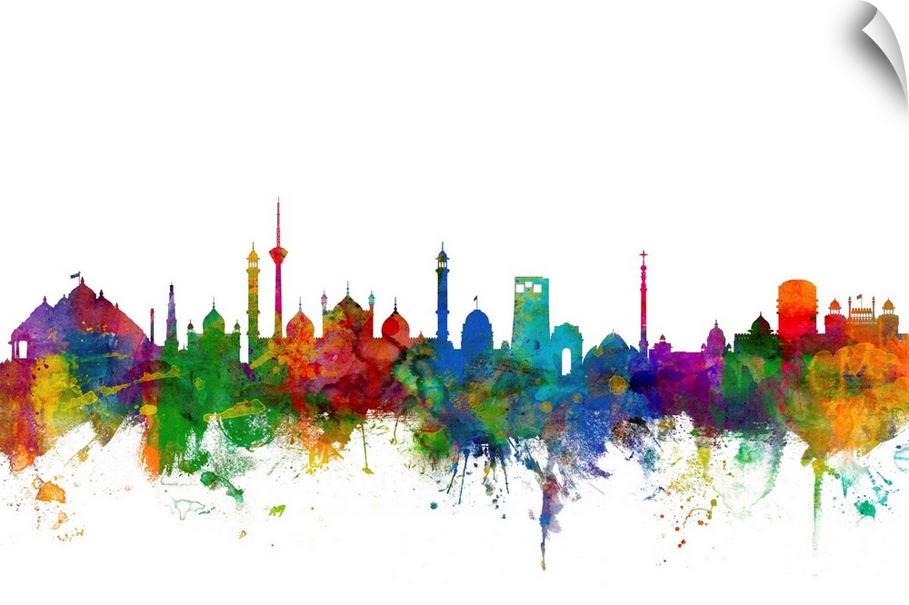 Colorful watercolor splattered silhouetted of the New Delhi city skyline.