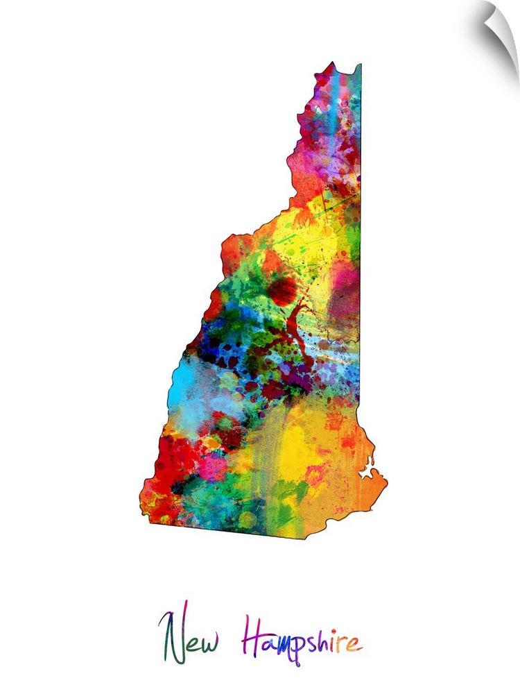 Contemporary artwork of a map of New Hampshire made of colorful paint splashes.