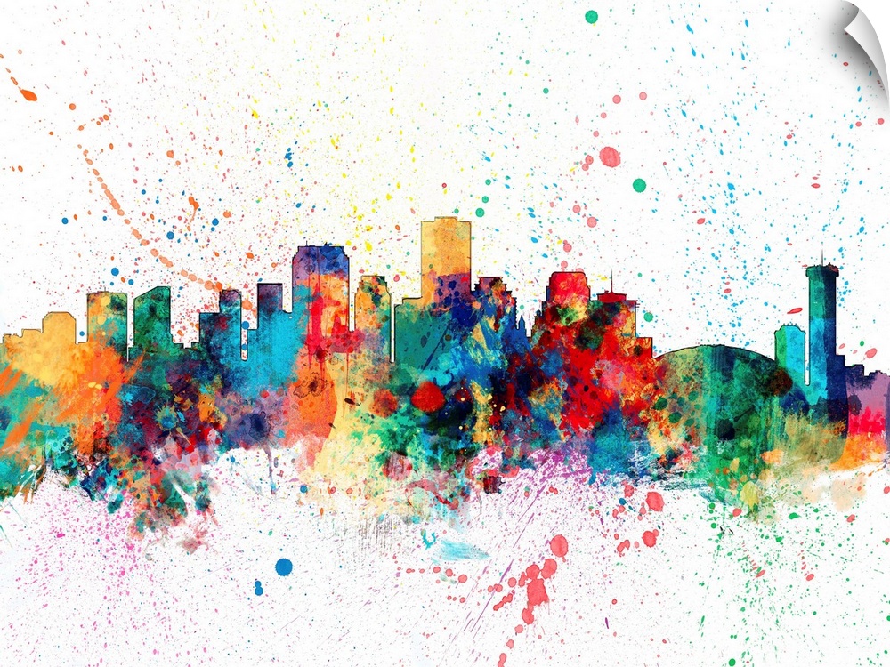 Wild and vibrant paint splatter silhouette of the New Orleans skyline.