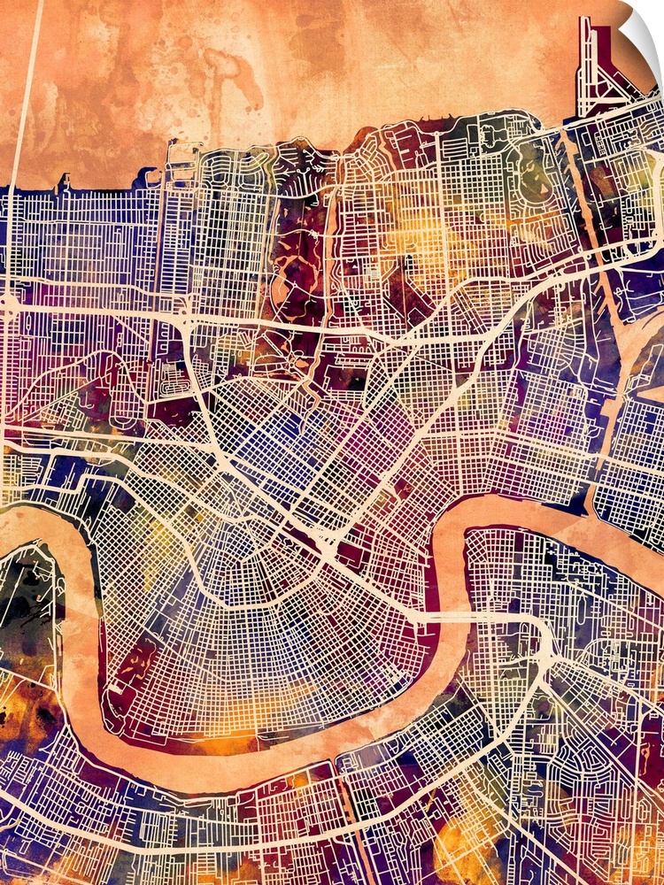 Watercolor street map of New Orleans, Louisiana, United States.