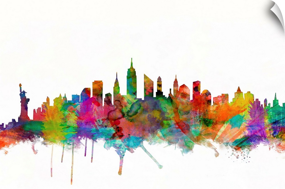 Watercolor artwork of the New York City skyline against a white background.