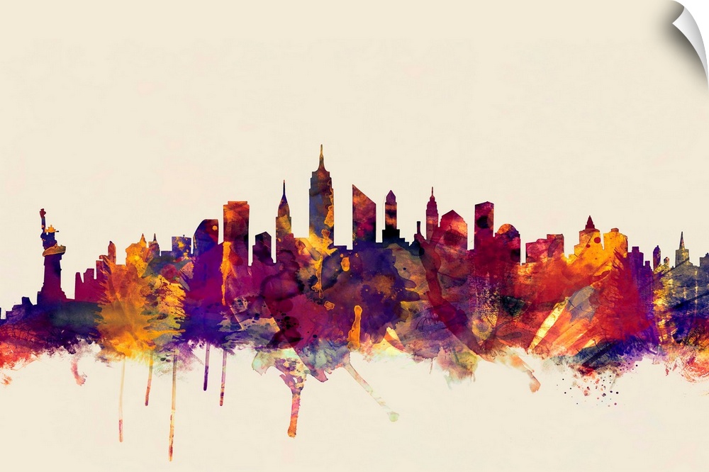 Contemporary artwork of the New York city skyline in watercolor paint splashes.