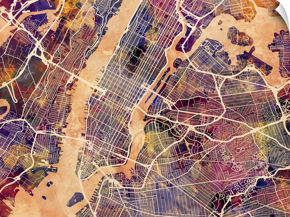 Contemporary watercolor city street map of New York.