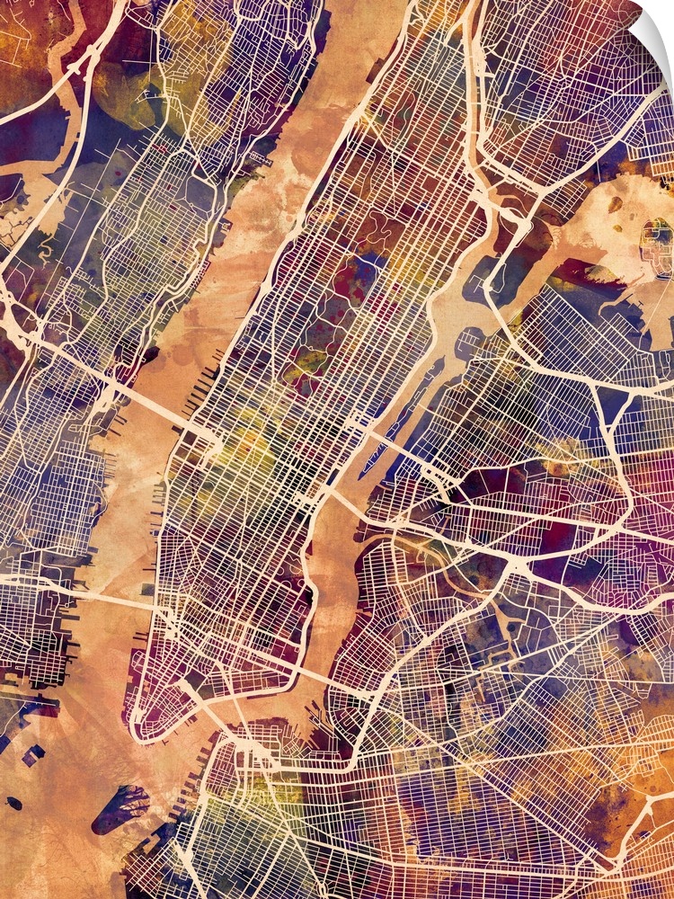 A watercolour street map of Manhattan, New York City