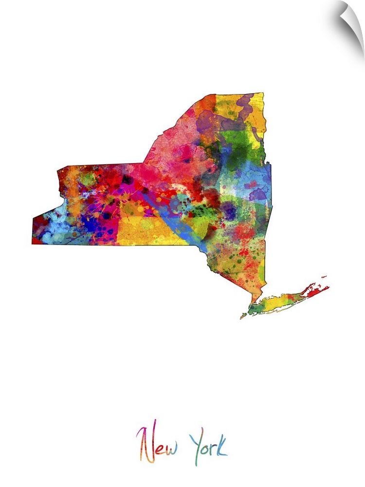 Contemporary artwork of a map of New York made of colorful paint splashes.