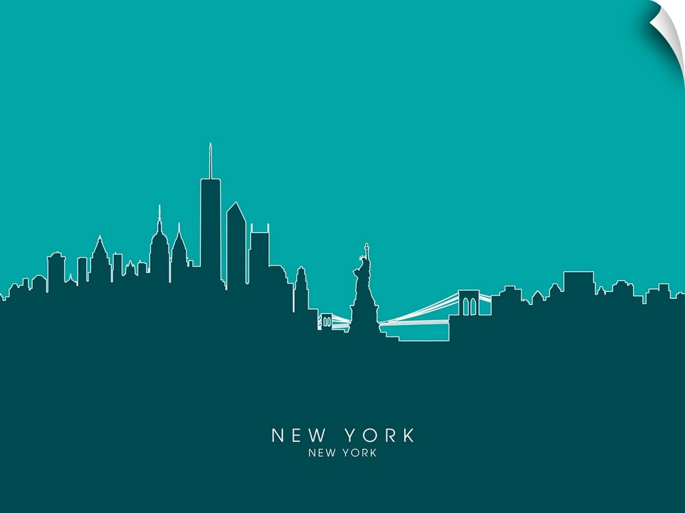 Contemporary artwork of the New York City skyline silhouetted in teal.