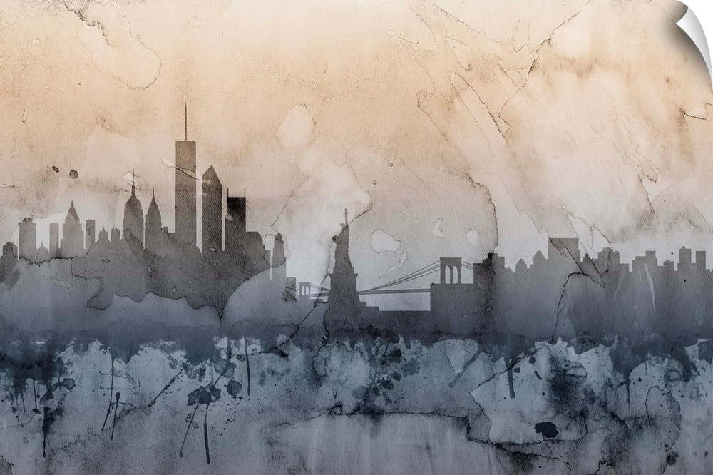 Watercolor art map of the New York City skyline.