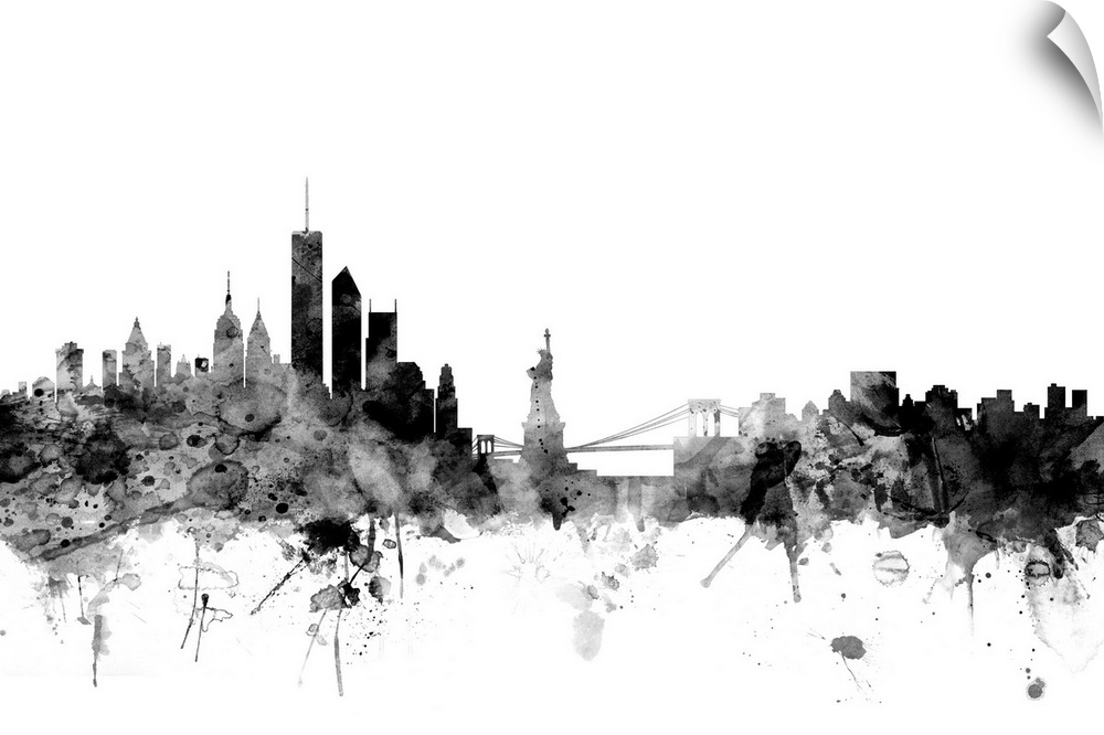 Contemporary artwork of the New York city skyline in black watercolor paint splashes.