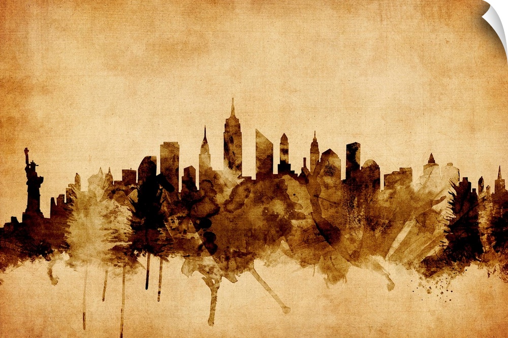 Contemporary artwork of the New York city skyline in a vintage distressed look.