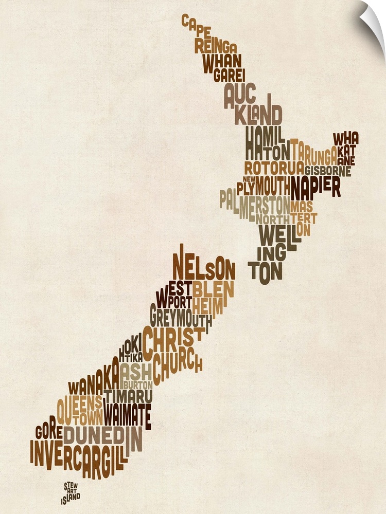Contemporary typography art map of New Zealand.