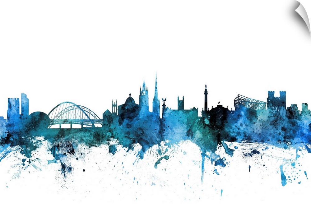Watercolor art print of the skyline of Newcastle, England, United Kingdom