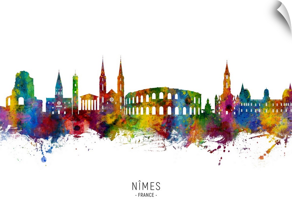 Watercolor art print of the skyline of Nimes, France