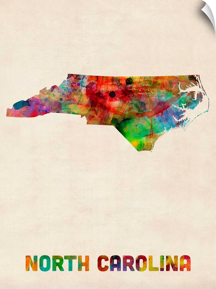 Contemporary piece of artwork of a map of North Carolina made up of watercolor splashes.